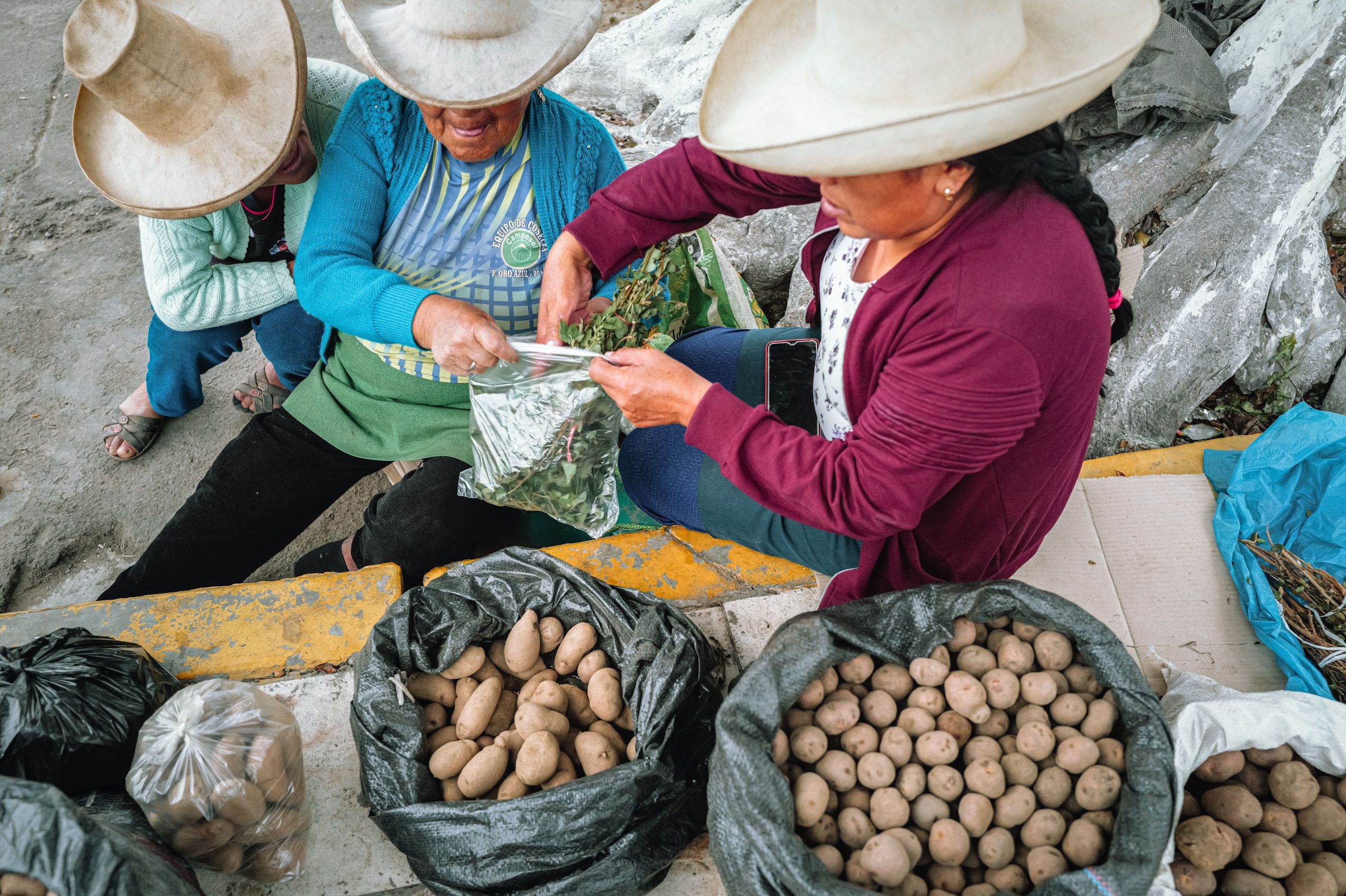 Women in traditional hats sell potatoes and herbs at an outdoor market in Simbal, Peru.